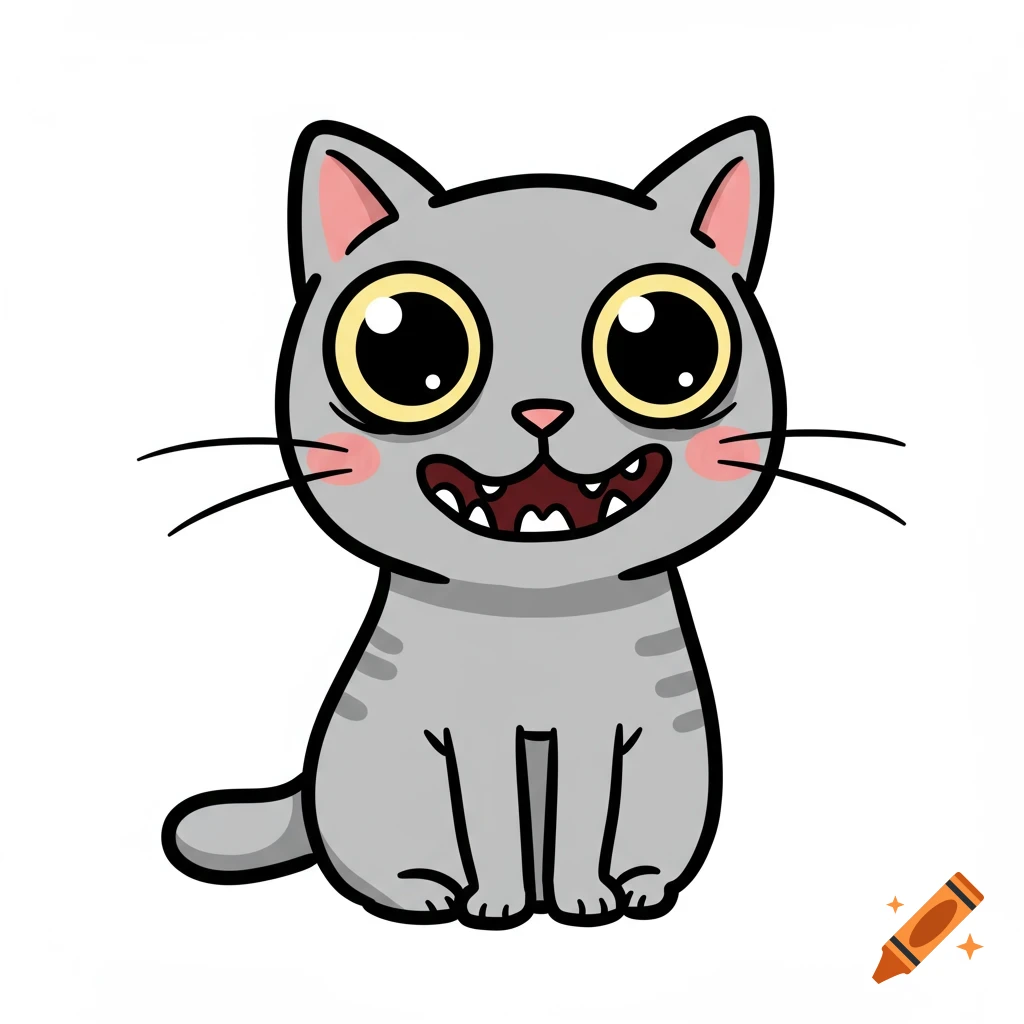 Cartoon illustration of a goofy gray cat with big eyes and an open mouth sitting down.