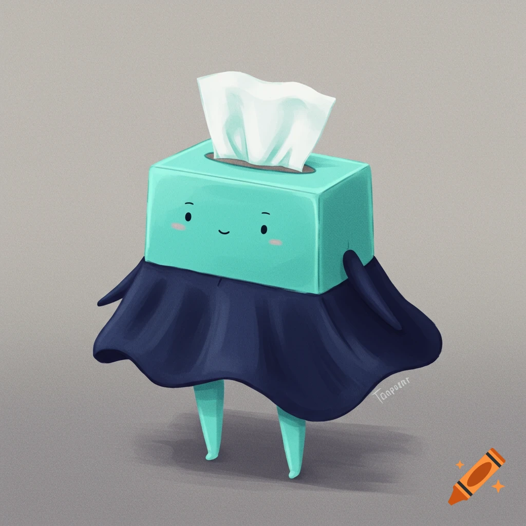 A cute cartoon tissue box with a face, wearing a dark blue dress and standing on cyan legs.