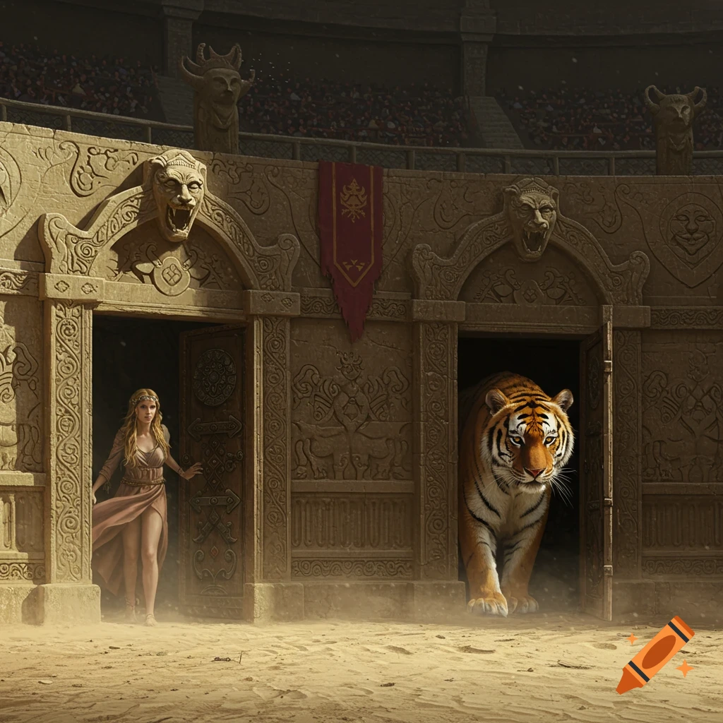 A woman and a tiger emerging from doorways in a gladiatorial arena.
