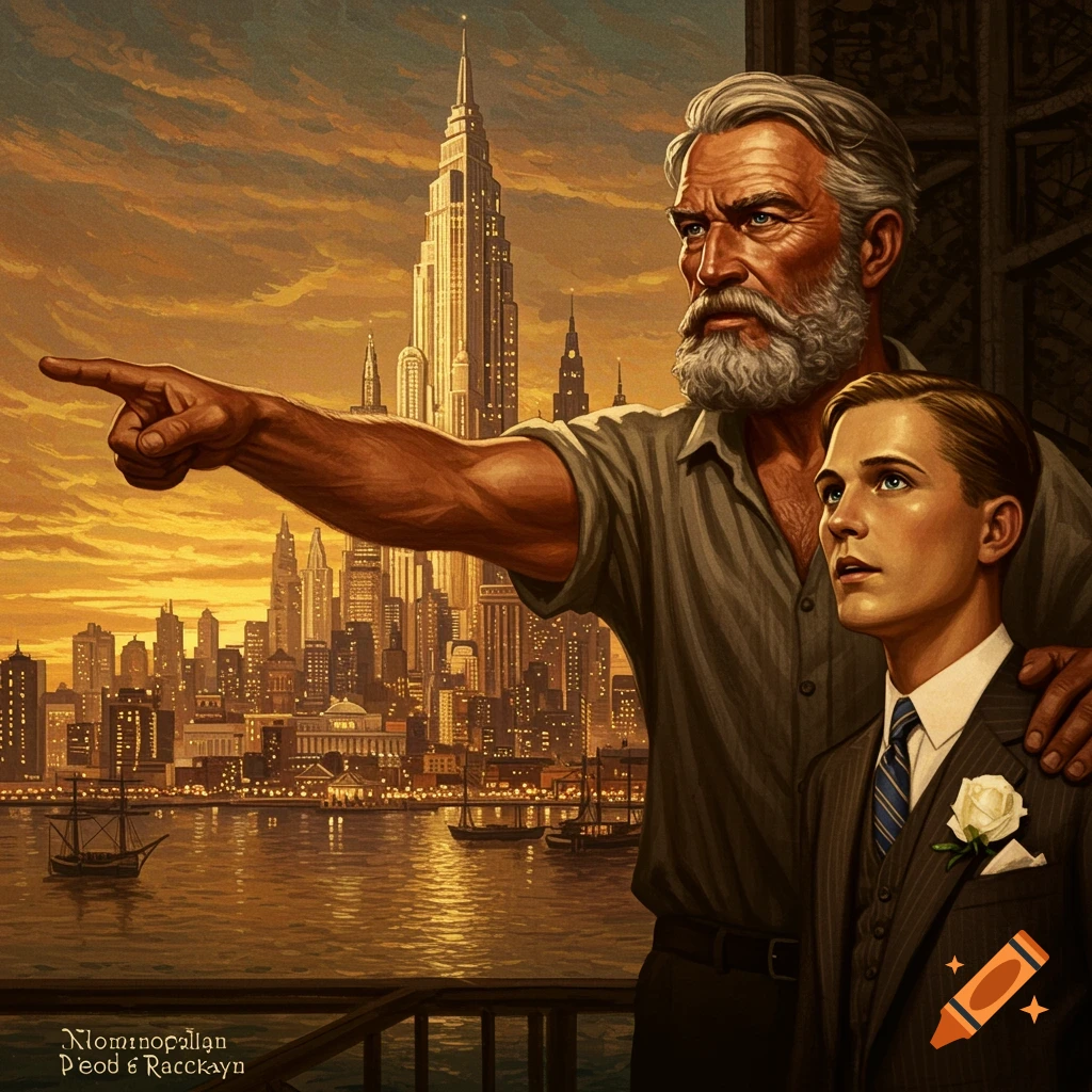 Two men look at a city skyline at sunset.
