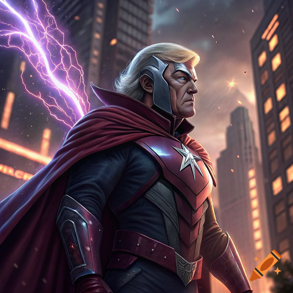 A superhero figure resembling Donald Trump, wearing a red cape and metallic armor, stands in a city with purple lightning.