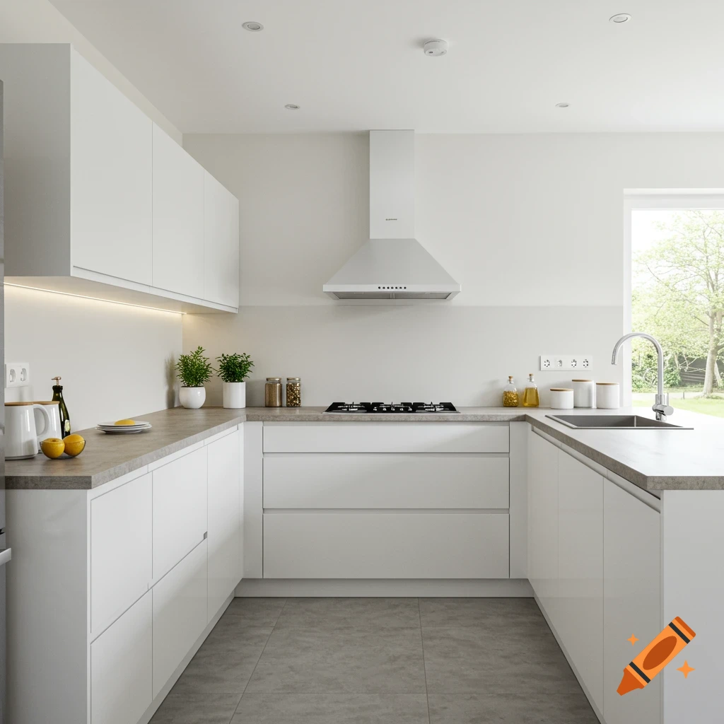 Modern kitchen with white cabinets, grey-brown countertops, and a window overlooking a garden.