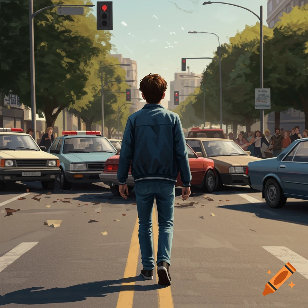 A person walks away from traffic and cars on a city street.