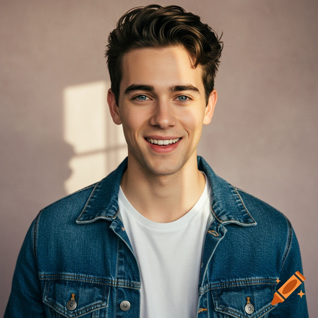Portrait of a smiling young man with blue eyes and brown hair wearing a denim jacket over a white t-shirt.