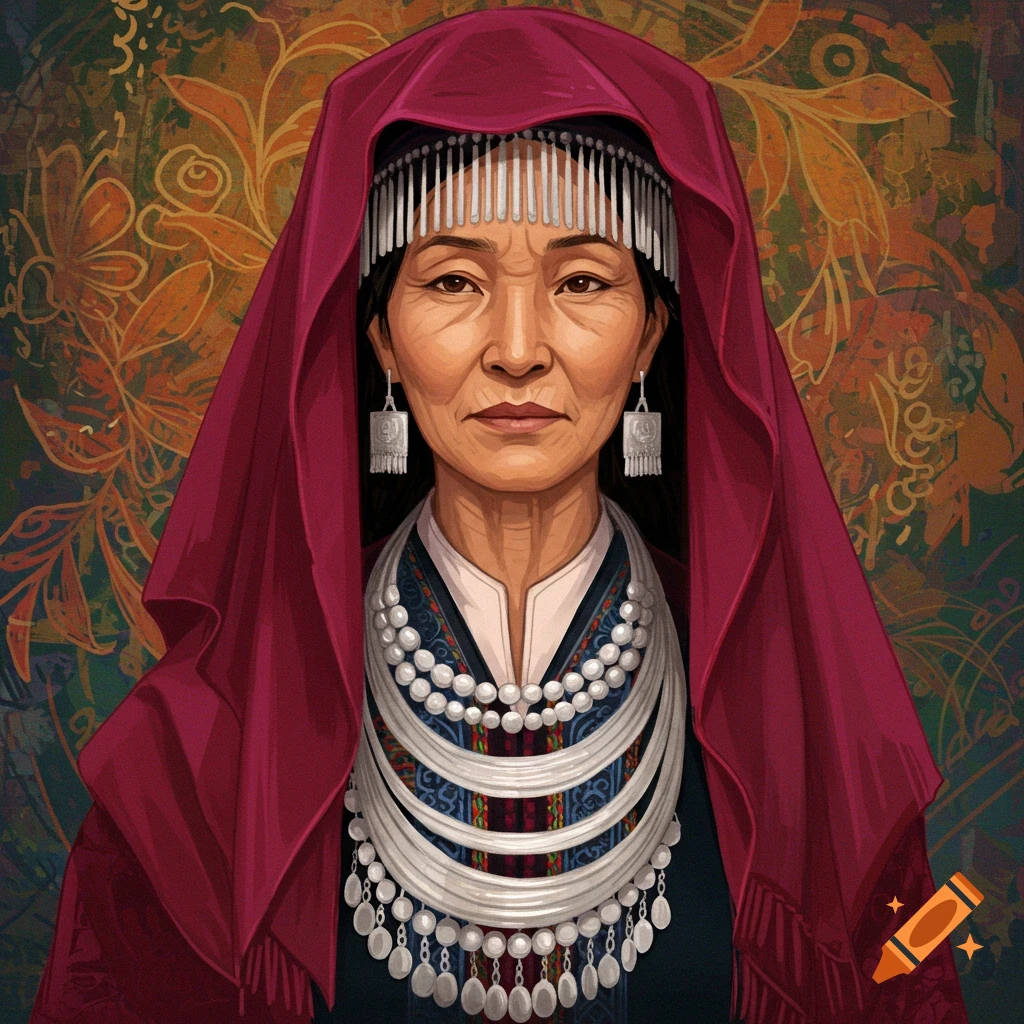 Portrait of a woman in Hmong traditional clothing with a red veil and ornate silver necklace.