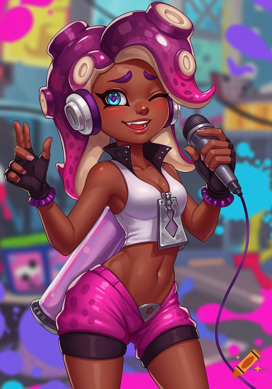 Marina from Splatoon singing into a microphone in a vibrant anime style