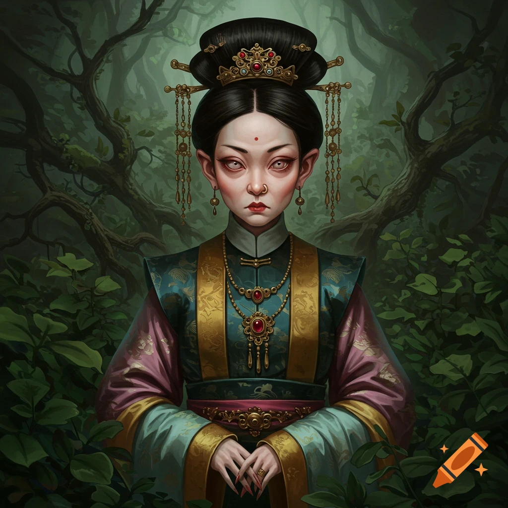 A stylized portrait of a woman in elaborate Asian clothing and jewelry in a dark forest.