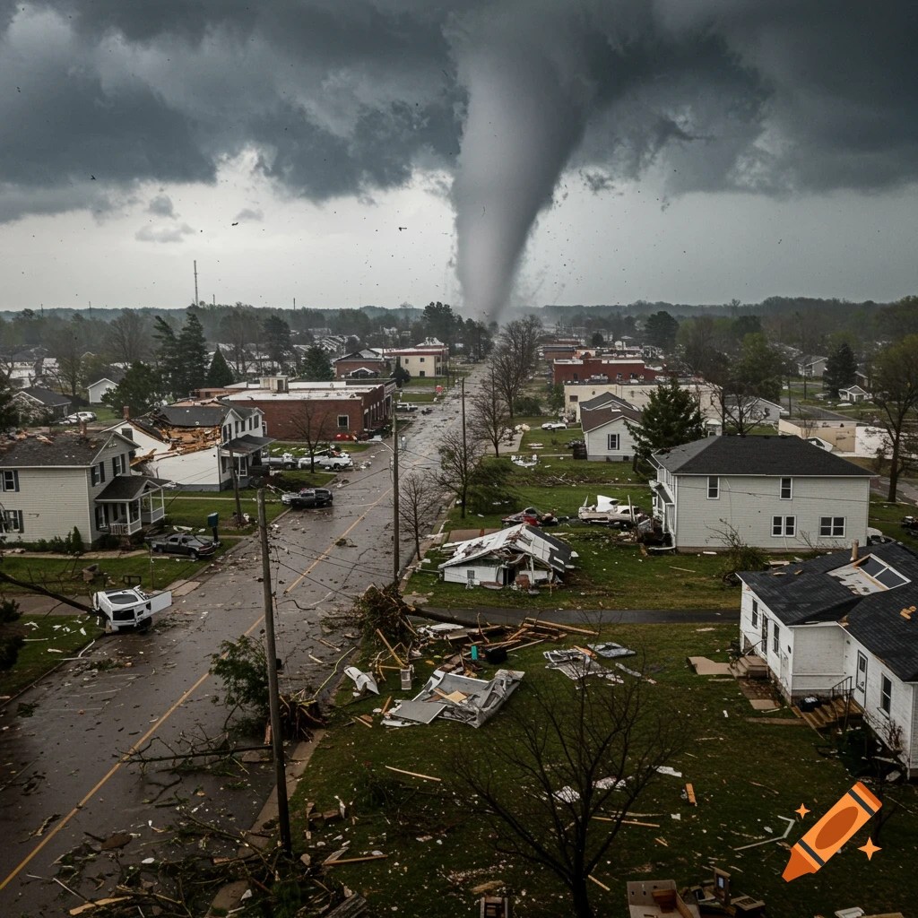 A large tornado funnel cloud descends from dark storm clouds over a devastated street in a town, with debris scattered everywhere.