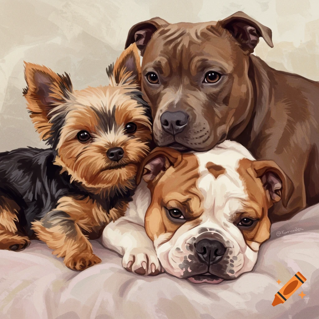 A Yorkshire Terrier, Staffy, and English Bulldog laying together