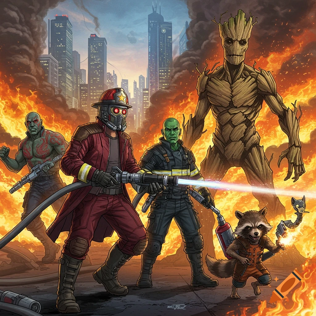 Guardians of the Galaxy characters as firefighters battling a city fire.