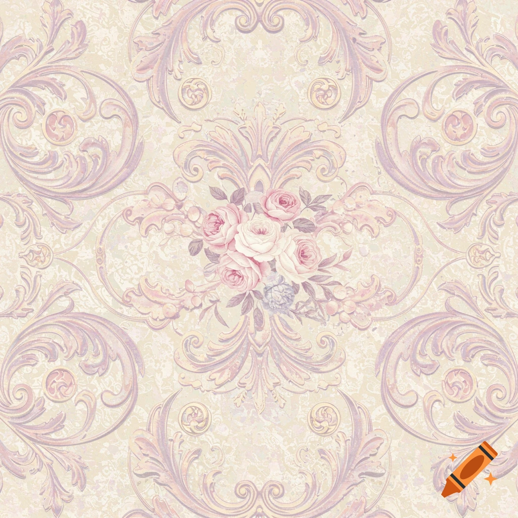 Seamless pattern of ornate scrolls and pink rose bouquet