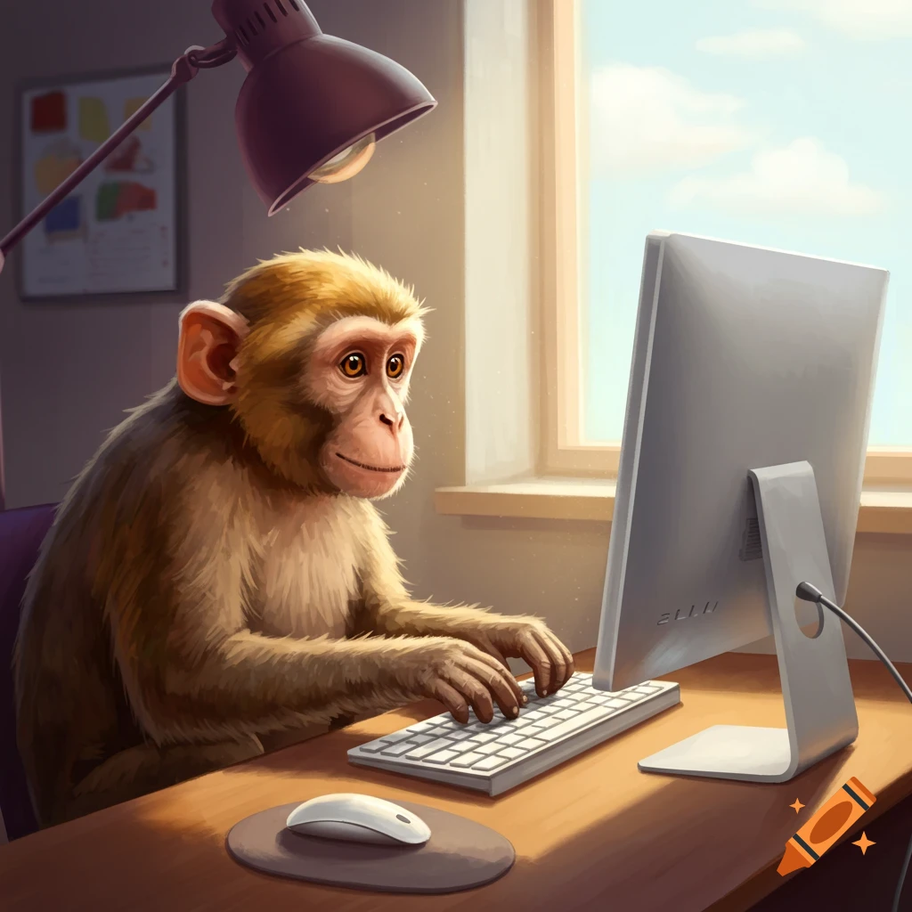 A monkey sits at a desk, typing on a computer keyboard with a mouse nearby.