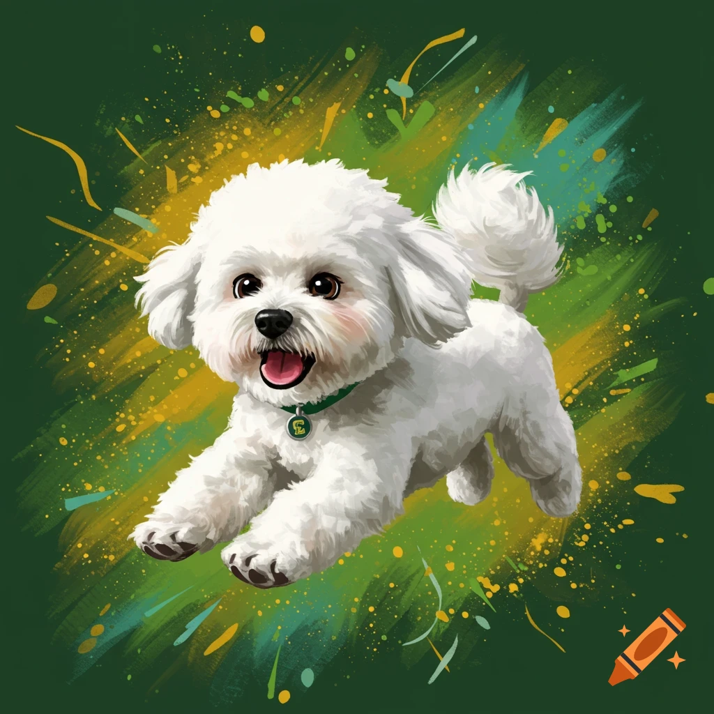 White Bichon frise dog jumping, with green and yellow paint splatters background.