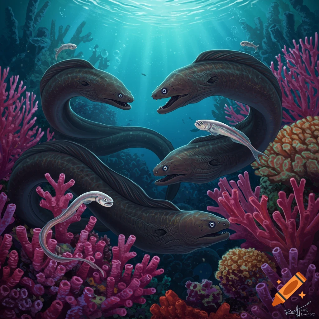 Eels and fish swimming among pink coral on a reef.