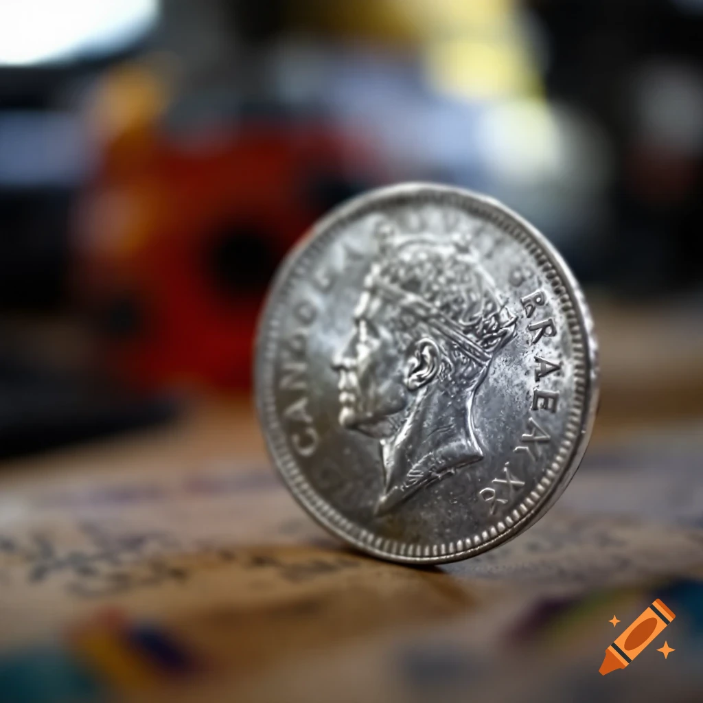 Close-up of a Canadian Silver Dollar coin with King George VI, sitting on a table.