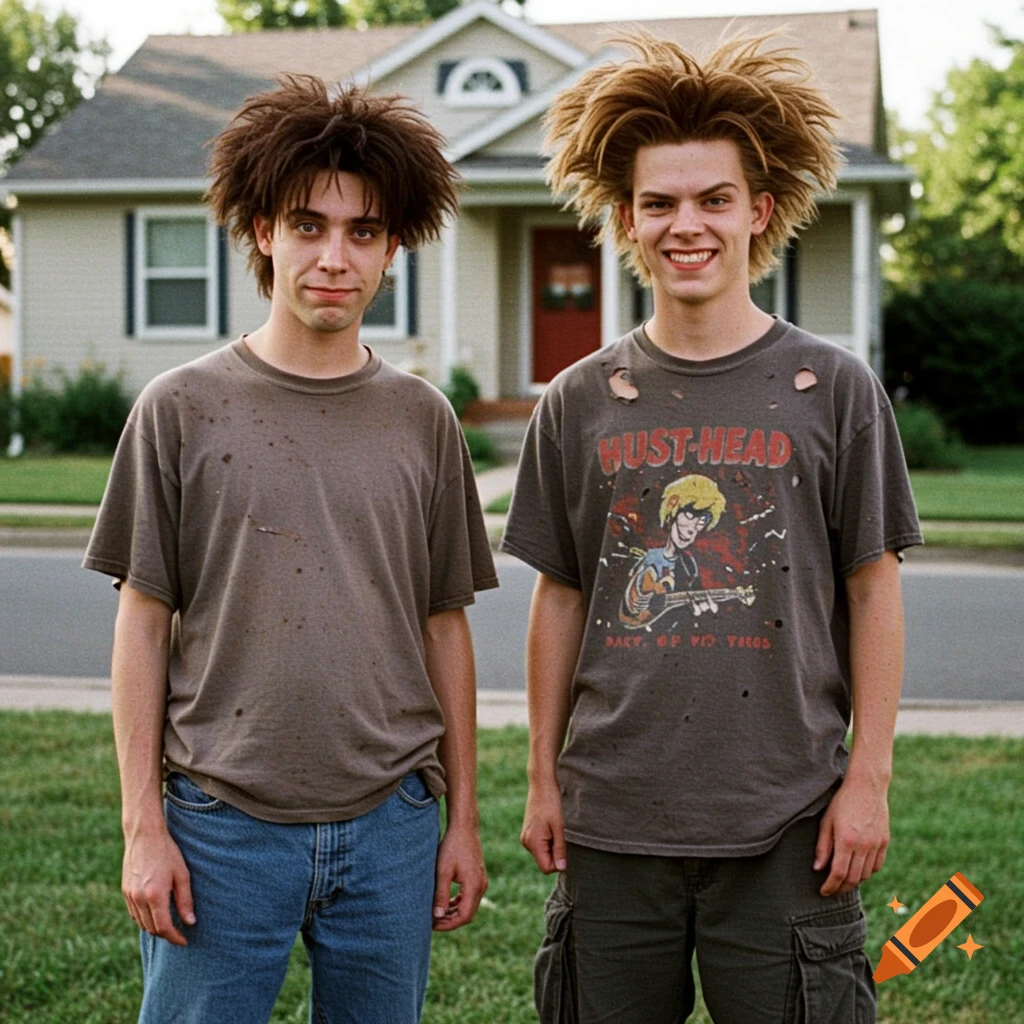 Two young men with messy hair stand outside a suburban house.