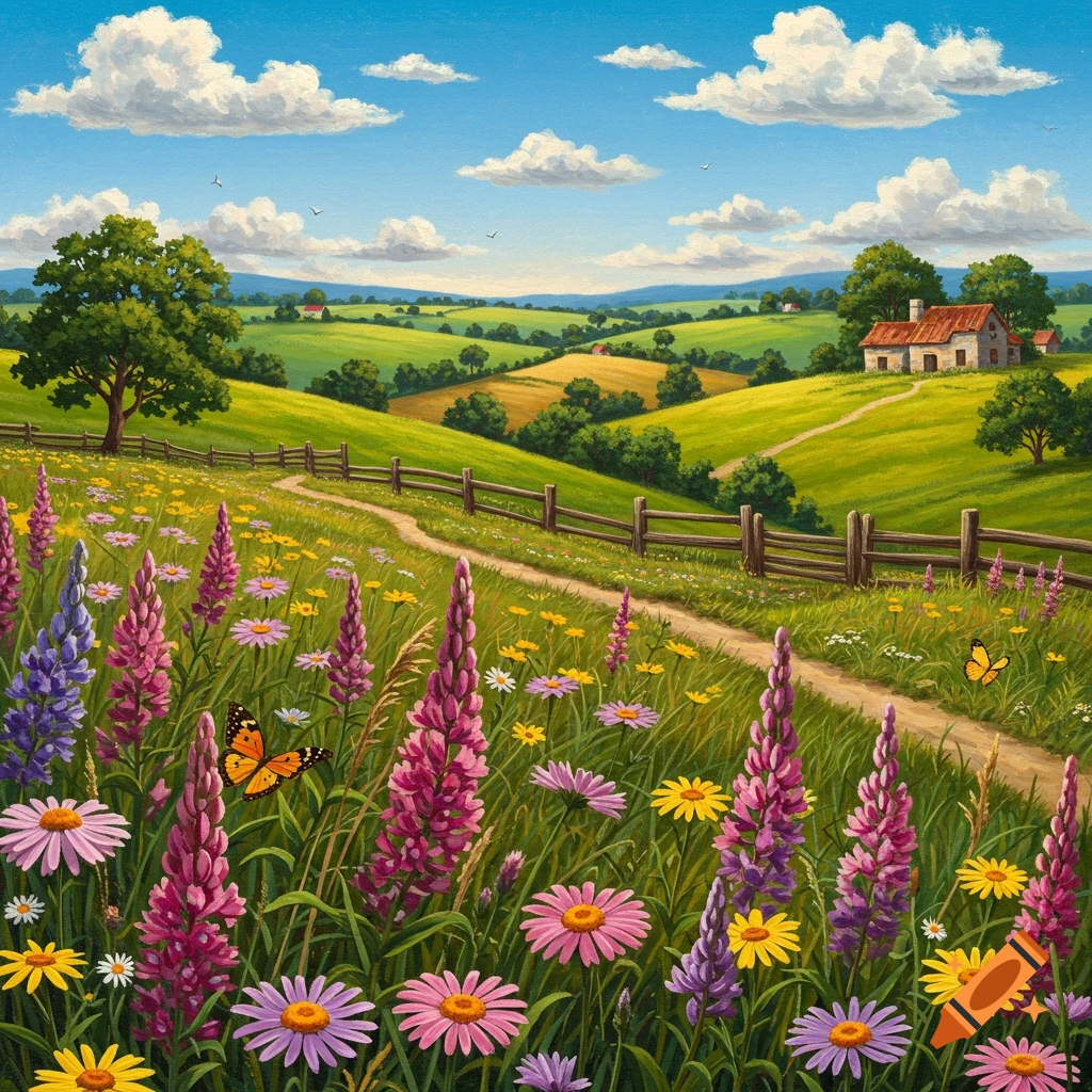 A vibrant painting of a rolling green landscape with a winding path, wildflowers in the foreground, a fence, trees, a house, and clouds.