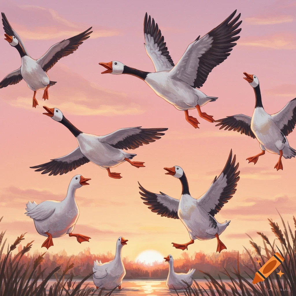 Geese flying and standing by a lake at sunset