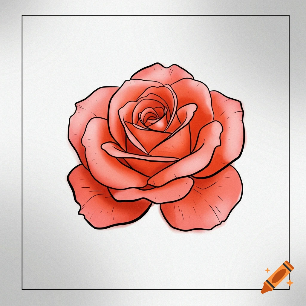 Digital illustration of a red rose with a black outline.
