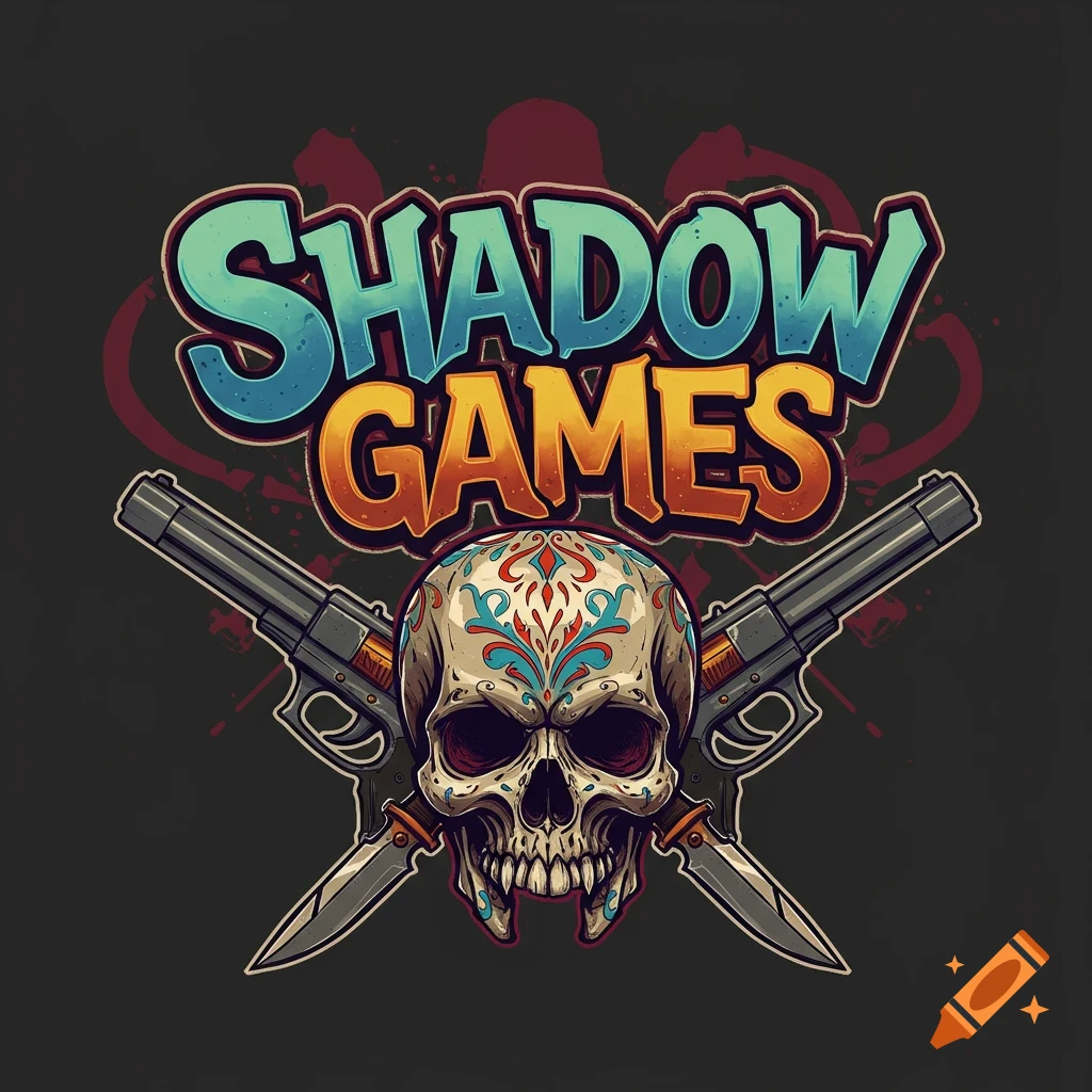 A stylized logo illustration featuring a decorative skull with crossed pistols and knives behind it, with the text "SHADOW GAMES" above.