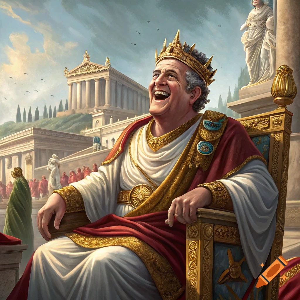 Painting of a laughing Roman emperor sitting on a golden throne in front of classical architecture.