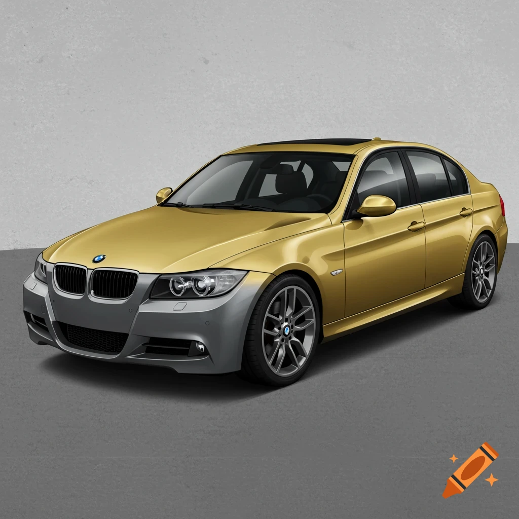 A grey BMW E90 sedan with a gold hood, roof, and trunk.