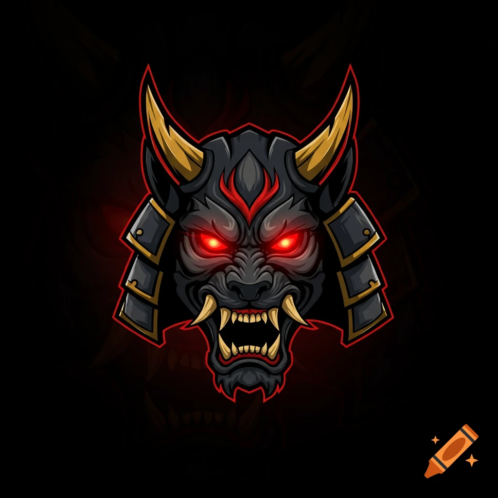 A stylized demon samurai wolf mask with horns, fangs, and glowing red eyes in the style of a gaming logo.