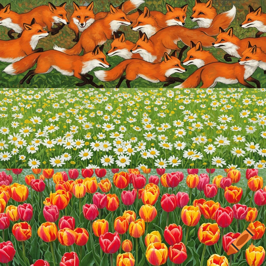 Three-part image with running foxes, a field of daisies, and a field of red and orange tulips.