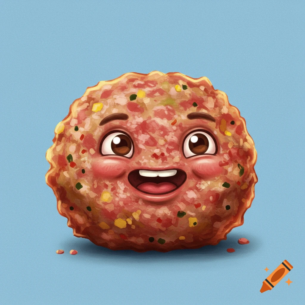 A cute cartoon meatball character with a happy face on a blue background.