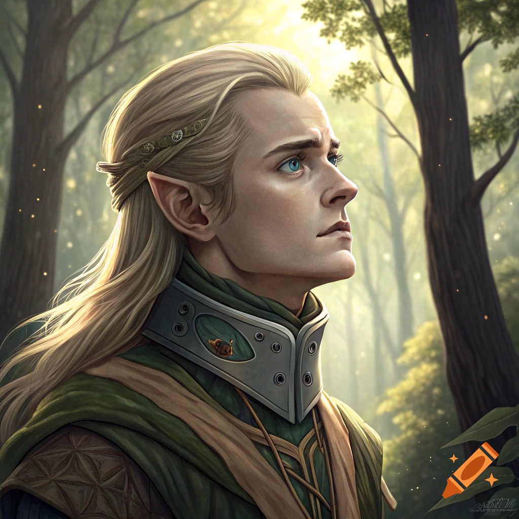 A portrait of Legolas, a blonde elf with a neck brace, in a sunlit forest.