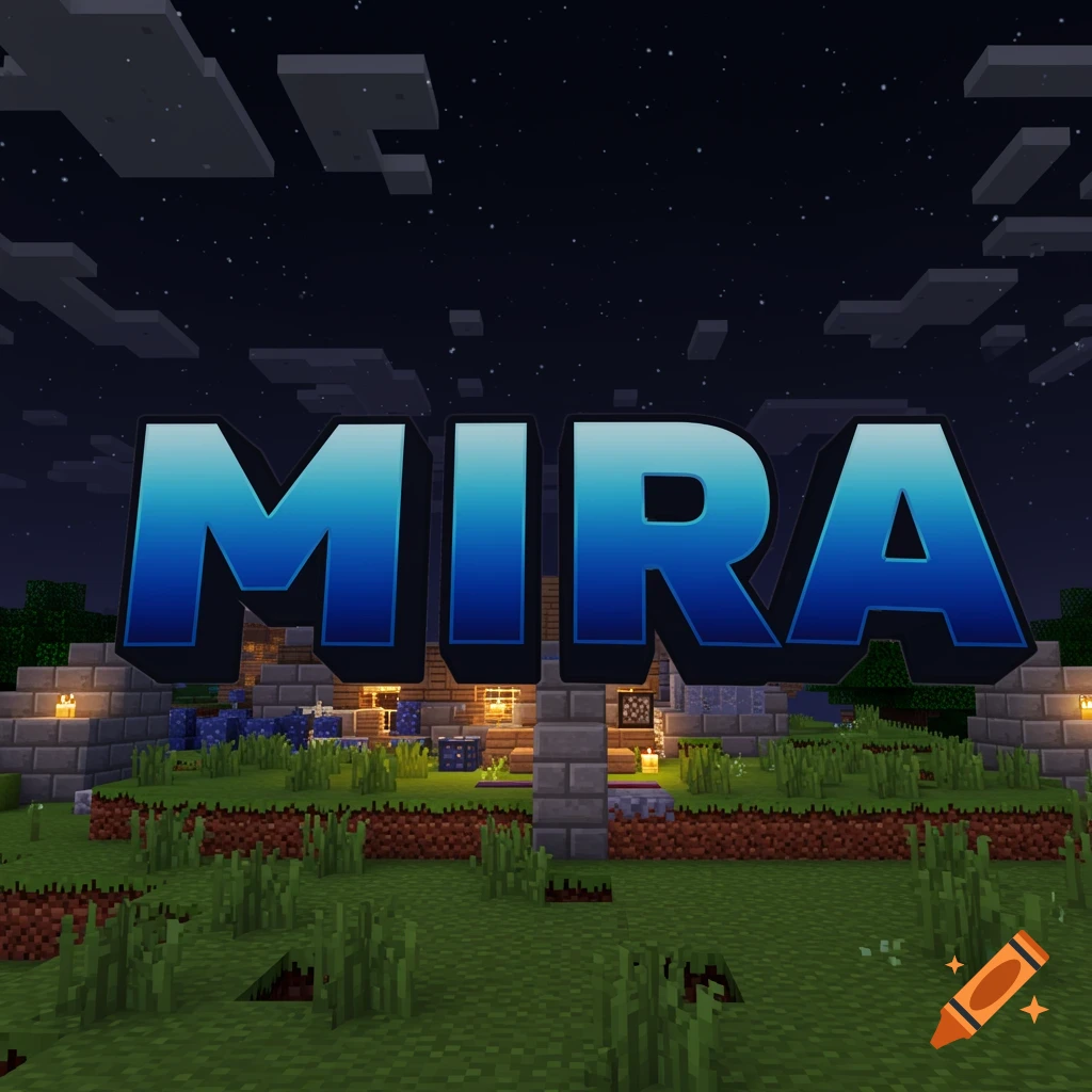 Large blue text MIRA in a Minecraft scene with a building and starry night sky.