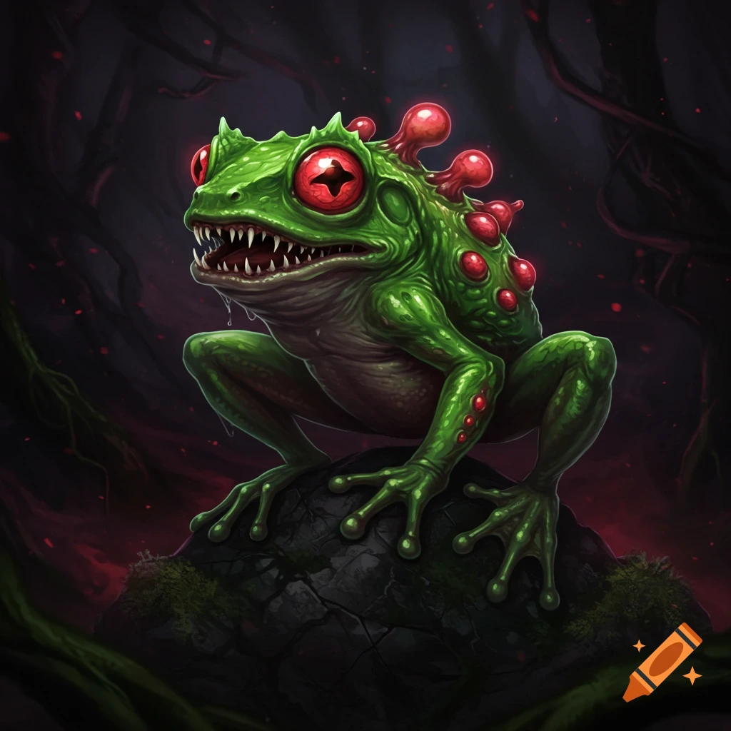 A green mutant frog with red eyes and sharp teeth, sitting on a rock in a dark forest.