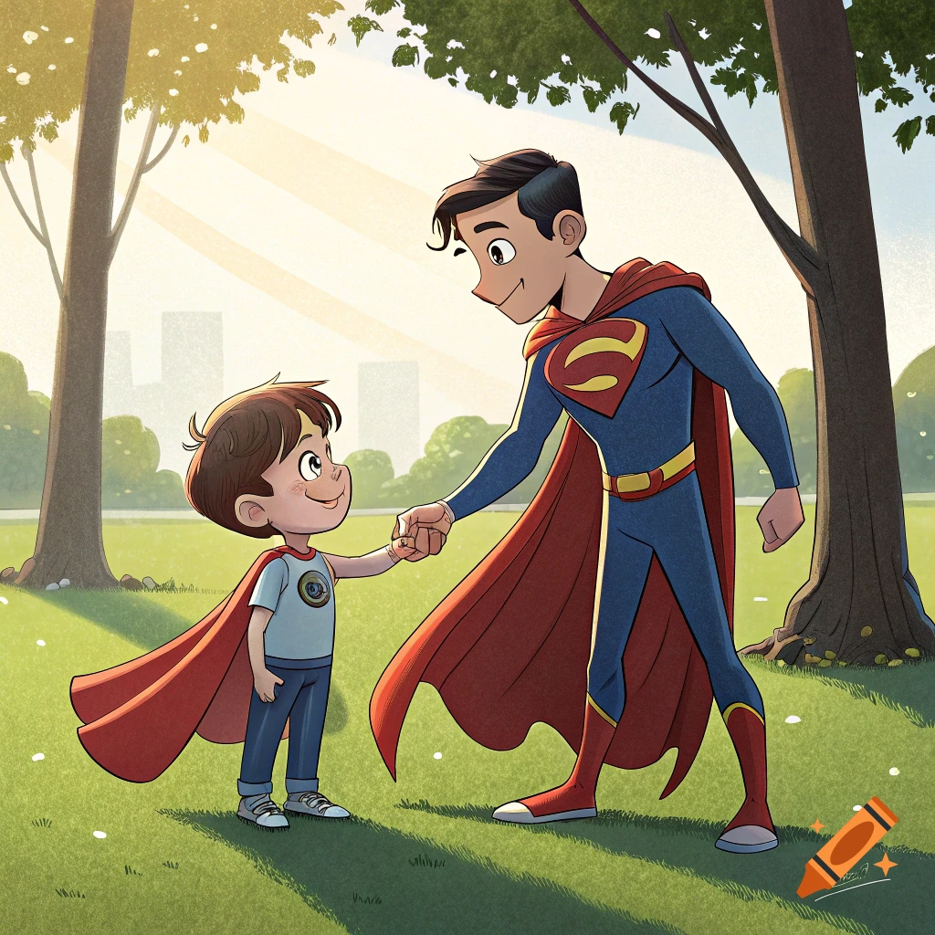 Cartoon style illustration of Superman and a young boy holding hands in a sunny park.
