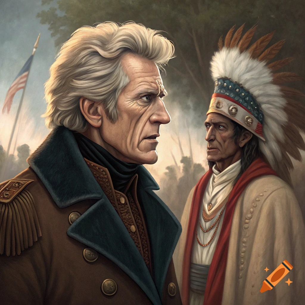 Illustration of Andrew Jackson in military uniform facing a Native American person in traditional headdress.