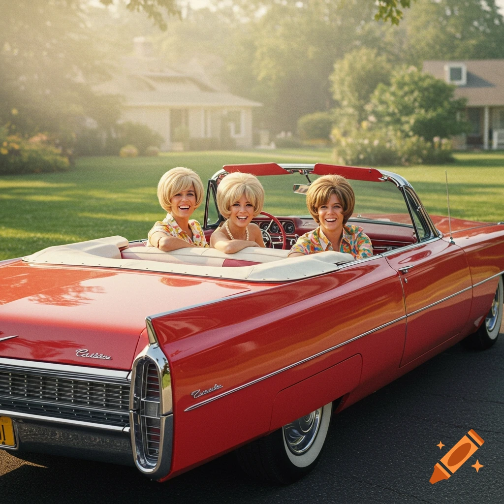 Three women in a red convertible Cadillac