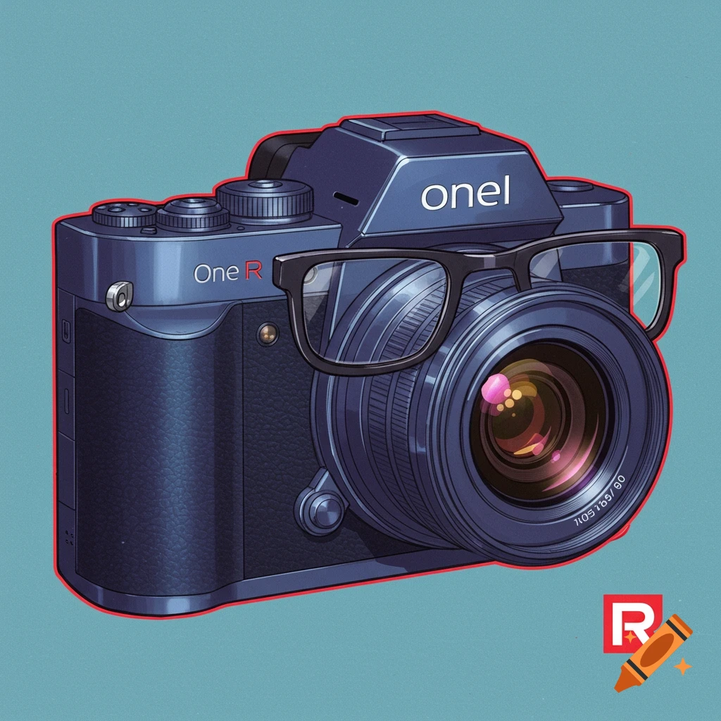 A blue camera wearing eyeglasses.