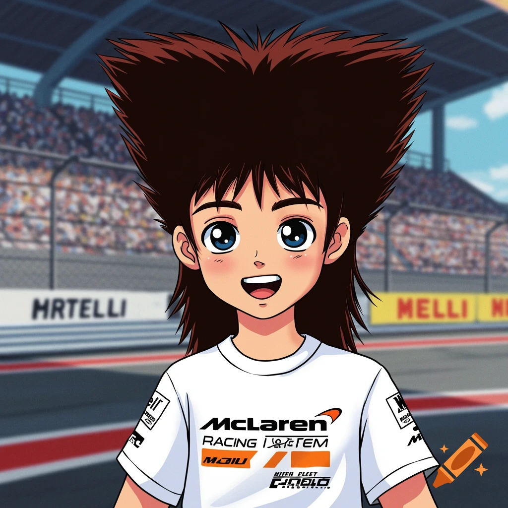 Anime boy with spiky mullet in a McLaren shirt at a racing track.