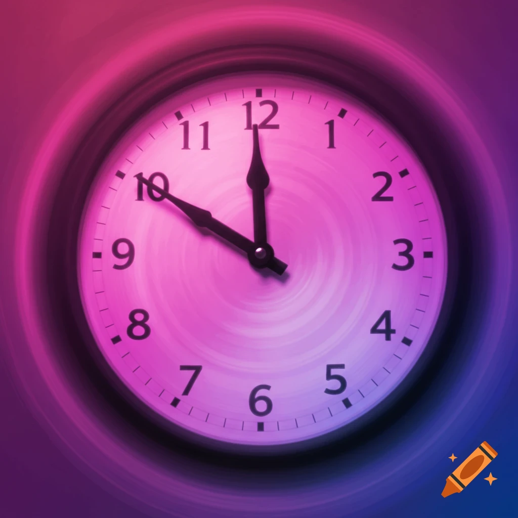 A blurry clock with dark hands spinning in a circle of pink and blue light.