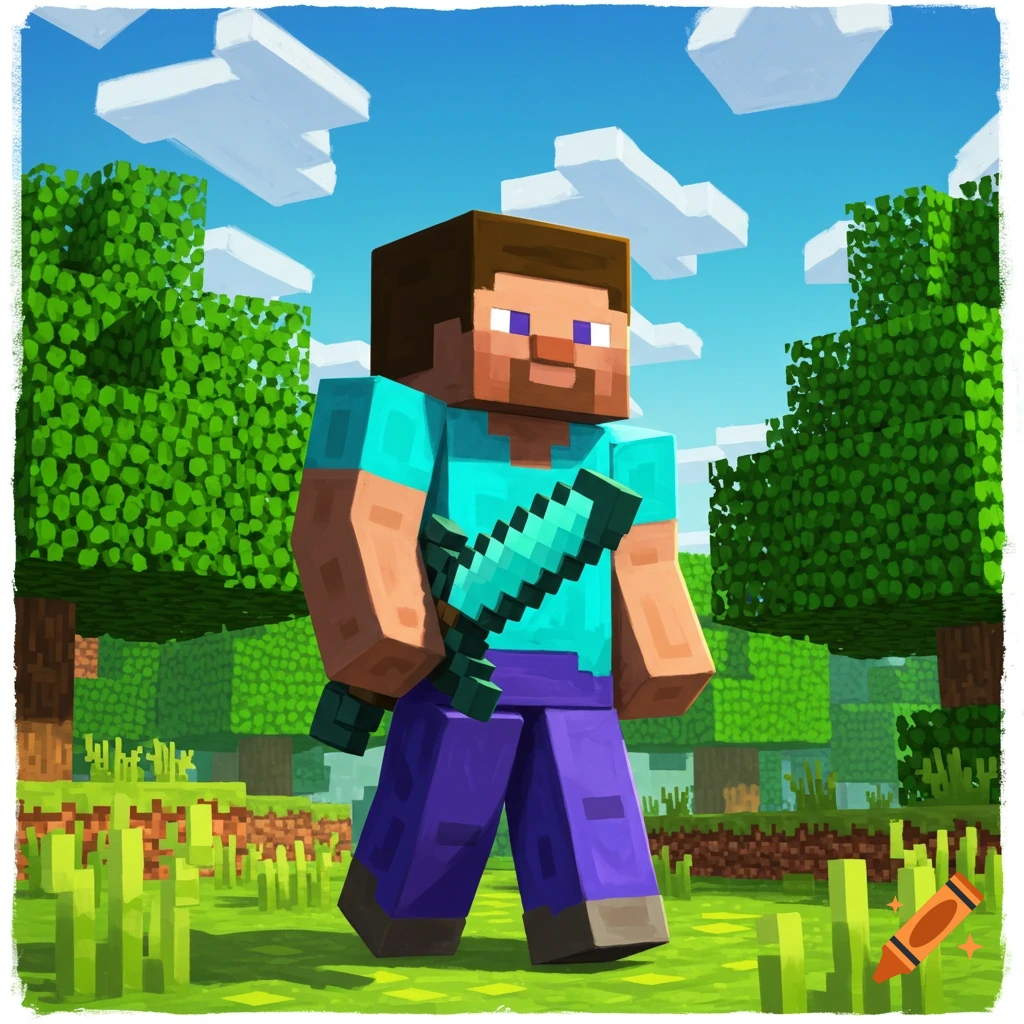 Steve from Minecraft holds a diamond sword in a grassy field.