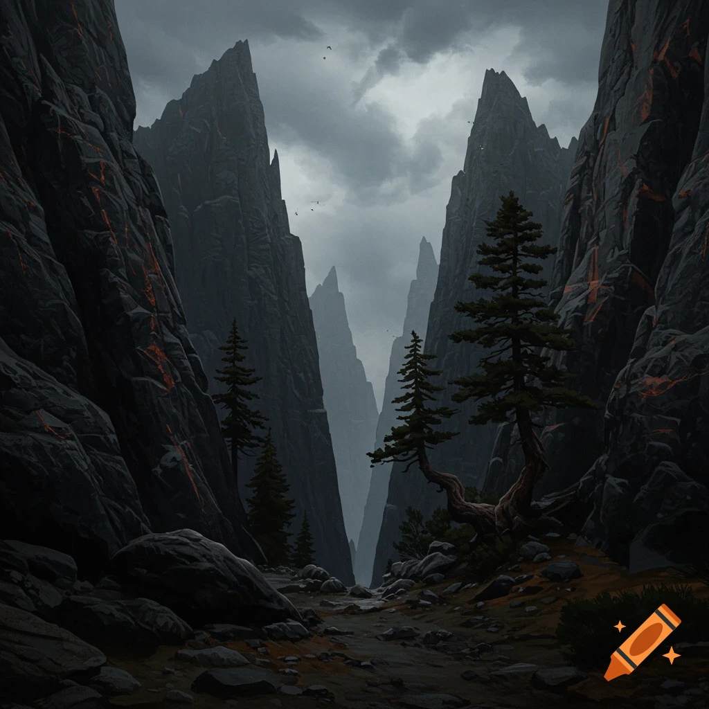 A dark image of a narrow mountain pass with sharp rocky peaks under a cloudy sky. Trees are scattered along a path.