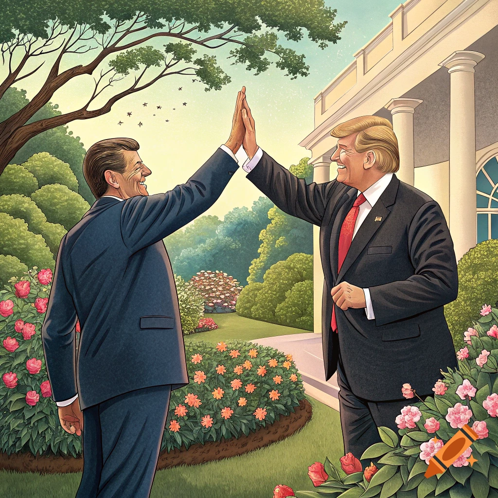 Illustration of Ronald Reagan and Donald Trump high-fiving in the White House Rose Garden.