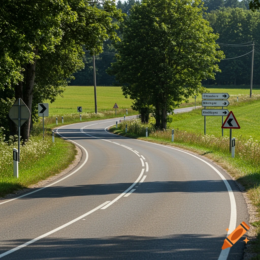 A winding rural road with signs curves through a green field with trees.