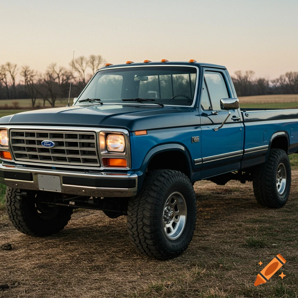 A vintage blue and black two-tone Ford F-250 truck is parked in a field at sunset.