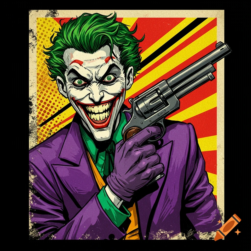 Retro image of the Joker holding a revolver