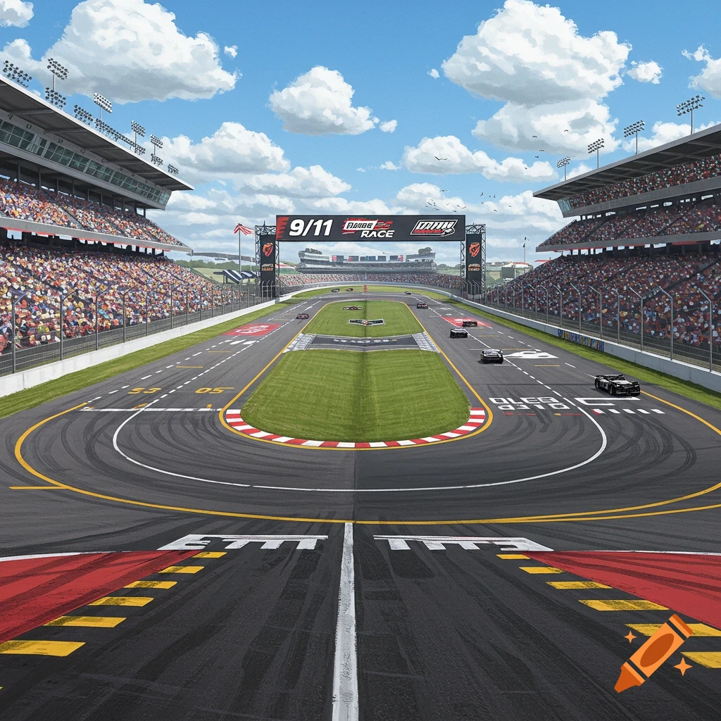 A race track scene with cars, spectators, and a scoreboard displaying '9/11 RACE'.
