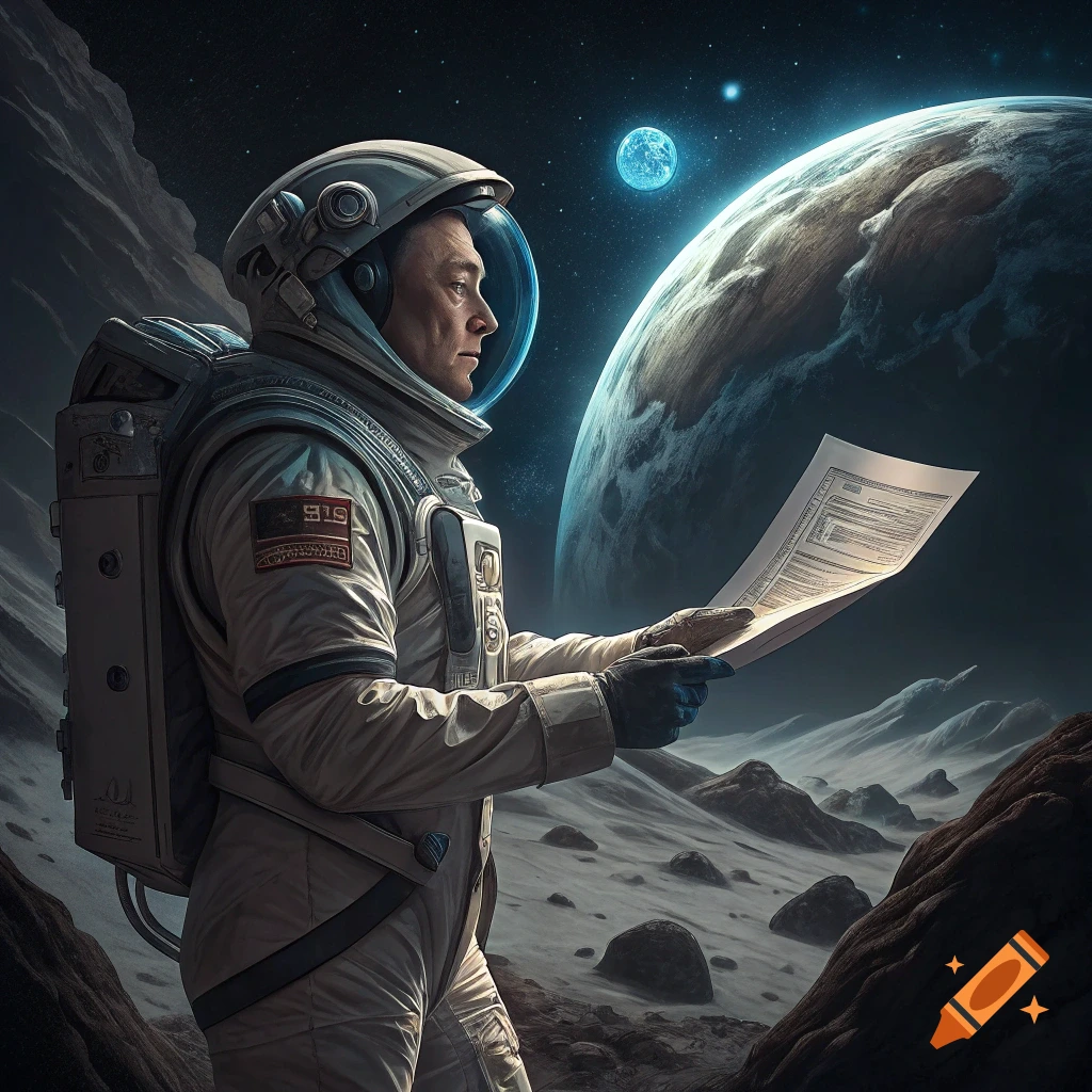 Elon Musk in a space suit stands on the moon, holding a document, with Earth in the background. Digital art.