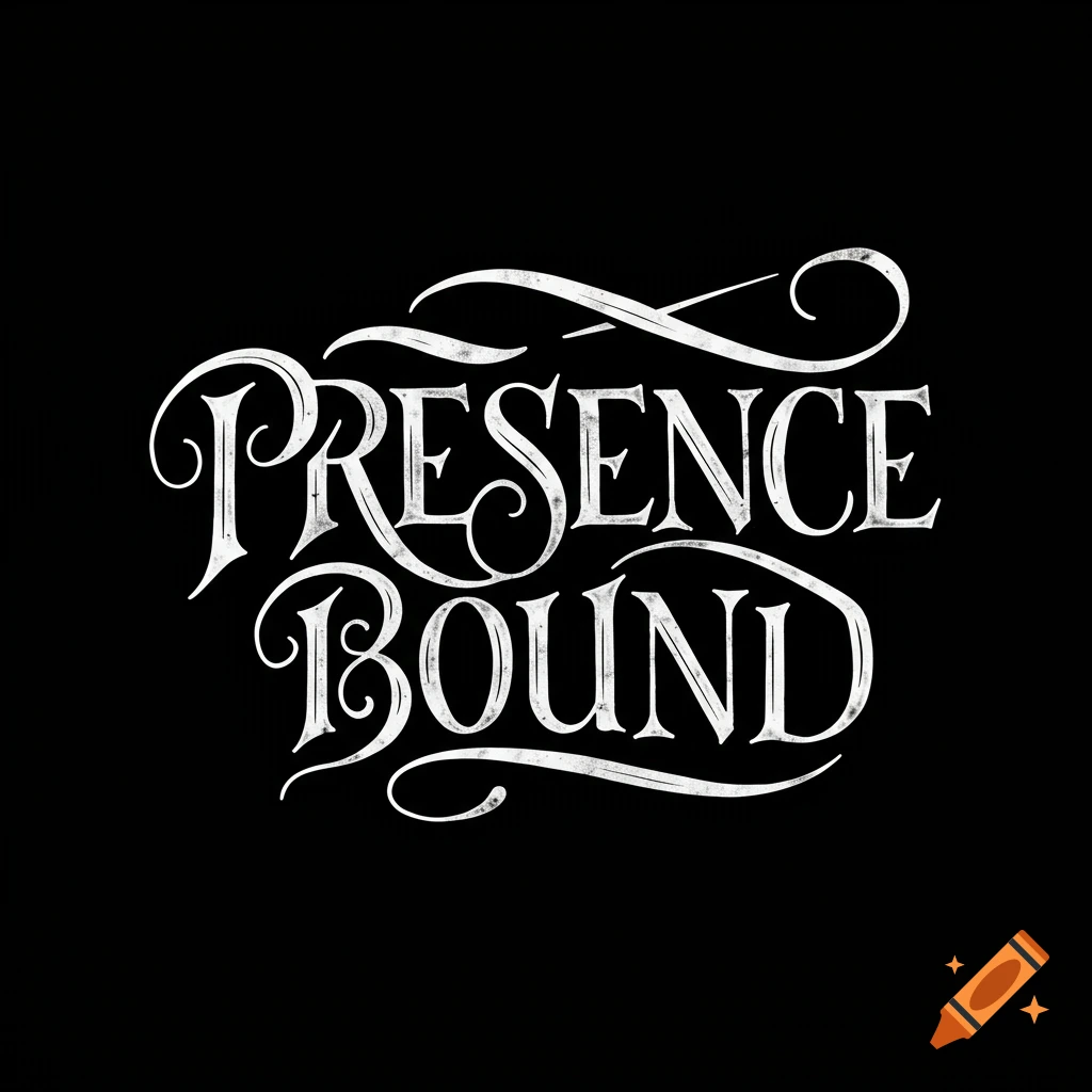 White distressed cursive text 'PRESENCE BOUND' on a black background.