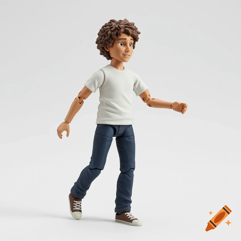 A photo of an action figure of a teen boy with curly brown hair, wearing a white t-shirt and jeans, in a walking pose.