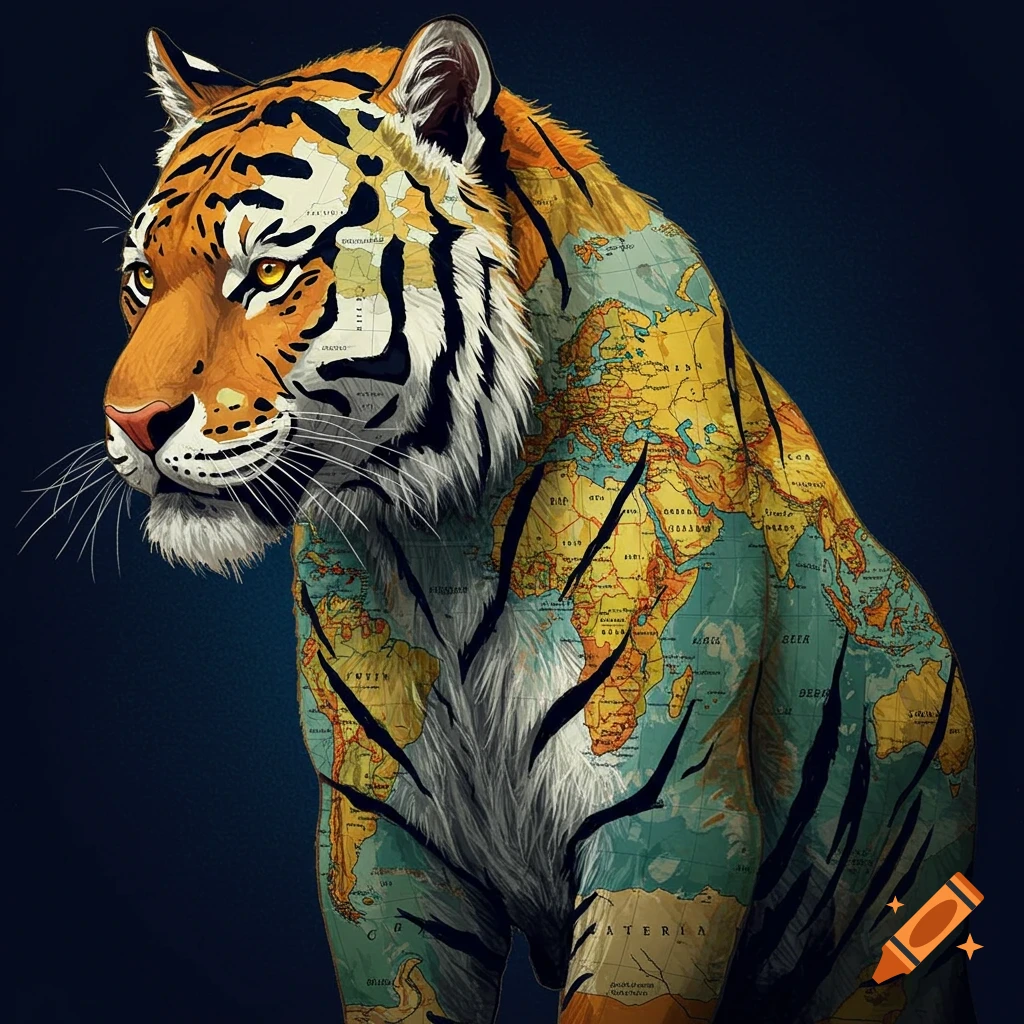 A tiger whose fur pattern is a map of the world.