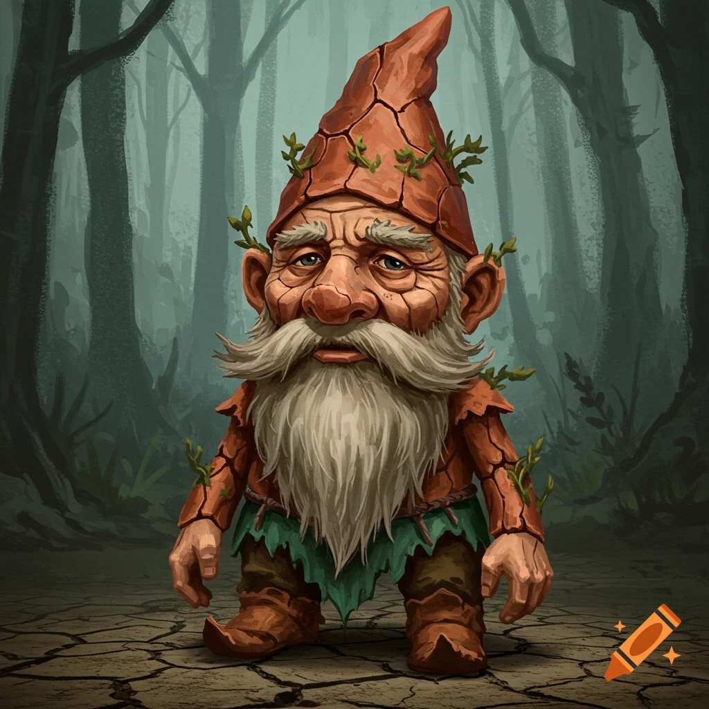 A cracked gnome in a forest.